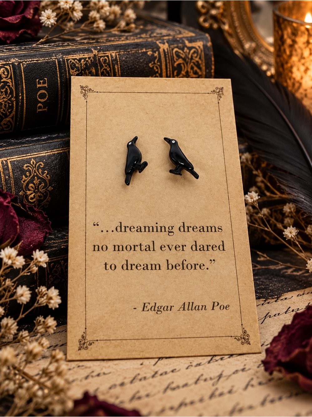 Edgar Allan Poe The Raven Black Bird Stud Earrings
